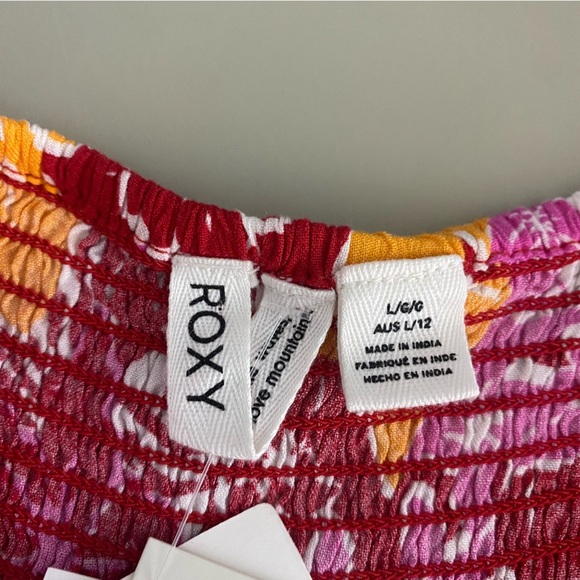 NEW Roxy Barefoot Bade Smocked Romper Large Red Pink Orange Hibiscus Floral - Picture 8 of 13